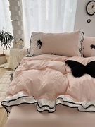 韩系仙女粉色双层黑色花边蝴蝶结，水洗棉床上四件套学生床品三件套