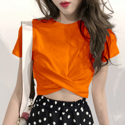 橙色圆领短款t恤女短袖，夏季纯棉高腰，露脐网红辣妹紧身爵士舞上衣