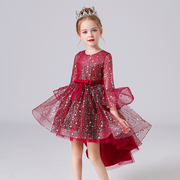 夏季拖尾连衣裙红色洋气，公主长裙子儿童，高端礼服模特走秀演出服装