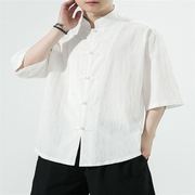 亚麻短袖衬衫男夏季宽松新中式，男装中国风，唐装男款五分袖棉麻衬衣