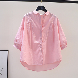 设计感褶皱粉红色棉衬衫，女宽松7分袖衬衣，2023夏季文艺范百搭上衣