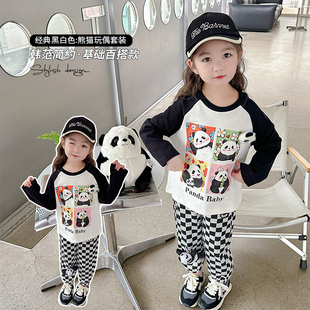 24年春秋小女孩长袖运动两件套纯棉宝宝熊猫玩偶打底套装洋气表演