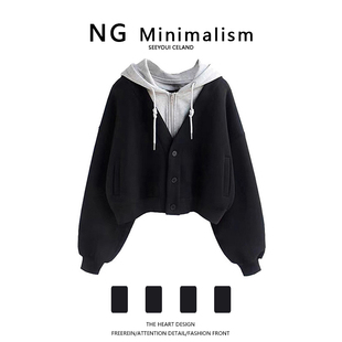 NG Minimalism连帽假两件短款卫衣女韩版拼接设计感小众开衫外套