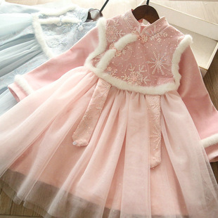 童装2023新年拜年服冬女童长袖公主裙亮片浅蓝色粉红色儿童连衣裙