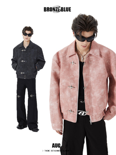 BRONZEBLUE小众金属飞机扣皮衣外套设计感高级渐变粉色短款夹克潮