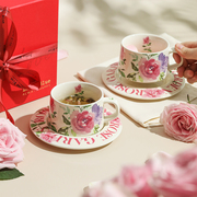 蓝莲花复古玫瑰咖啡杯碟礼盒套装礼物杯子一对陶瓷下午茶茶杯家用