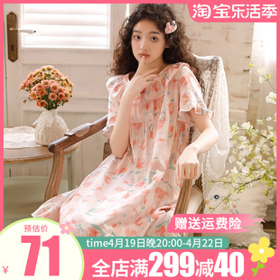 夏季女纯棉双层纱布睡裙，日系甜美可爱短袖，套头中长款家居睡衣