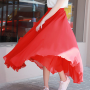 白色雪纺广场舞红裙子跳舞红色半身裙小个子长裙大摆裙舞蹈裙