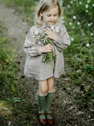 女童装棉麻灯笼袖t恤春娃娃领单排扣长袖衬衫，森系泡泡袖亚麻上衣