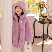 冬儿童皮草外套全羊毛，复合皮毛一体，女童羊剪绒大衣宝宝羊羔毛连帽