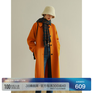 稀有概率 羊毛双面呢大衣女中长款秋冬气质翻领复古橘色毛呢外套