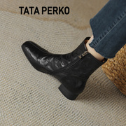 tataperko联名2024秋冬真皮羊皮，短靴女方头低跟侧拉链马丁靴