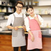 韩日式全棉麻布艺男女士 围裙袖套三件套 条纹厨房家居工作服定制