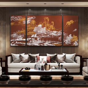 新中式客厅沙发背景墙浮雕装饰画，酒店茶室高端大气大尺寸三联挂画