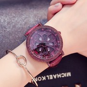 时尚紫色皮表带潮流个性会转动镶钻款士手表LRUISI女