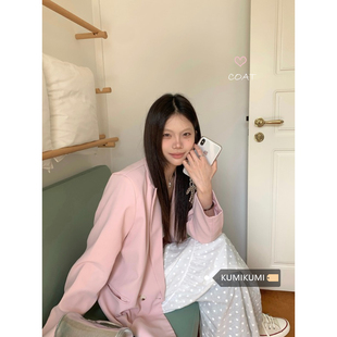 kumikumi高级感粉色西装领外套女早春气质宽松中长款外搭上衣