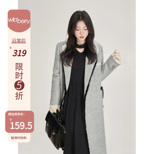 一颗小野莓灰色毛呢外套，女冬高级感韩版宽松中长款加厚西装领大衣