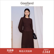 goodland美地女装，2023秋季优雅假两件拼接压褶雪纺针织连衣裙