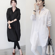 韩国东大门白色衬衫女长袖2024春季宽松bf风大版棉，加长款衬衣