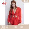 HM女装连衣裙夏季V领灯笼袖镂空绑带设计红色长裙1210485