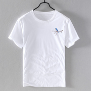 中国风纯棉印花短袖t恤男士民族风复古小鸟水墨植物彩印数码印
