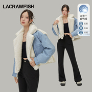 lacrawfish韩系女高加厚(高加厚)翻领，毛绒pu拼接90白鸭绒(白鸭绒)羽绒服女厚外套