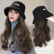 帽子假发一体女款2023冬季时尚，羊羔毛帽子(毛帽子，)秋天长卷发头套仿真