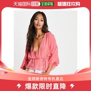 香港直邮潮奢asos女士设计透视褶皱肩褶边下摆粉色衫