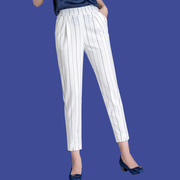 哈伦裤女夏季薄款白色，裤子宽松高腰九分裤，2024条纹休闲裤大码