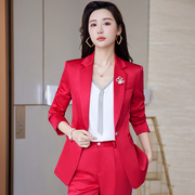 红色西装套装女职业装长袖，韩版小脚裤珠宝，店美容师工作服西服外套