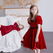儿童红色金丝绒礼服高端定制女童生日宴会服装合唱团钢琴演出服装