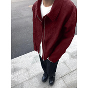 酒红色cleanfit短款外套，男潮高级感美式复古设计感褶皱哈林顿夹克