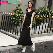 2022夏季女装韩版V领短袖修身显瘦连衣裙莫代尔黑色拖地长裙
