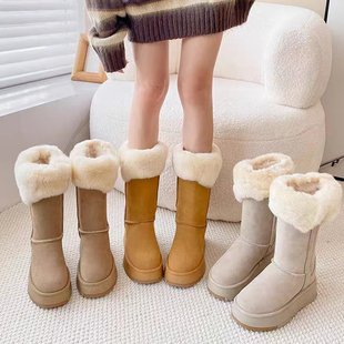 厚底雪地靴女内增高2024年冬季皮毛一体加绒加厚棉鞋中筒大棉靴子