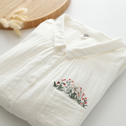 秋季日系甜美小清新花朵刺绣翻领上衣宽松白色长袖衬衫女衬衣