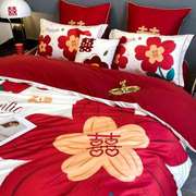 高档婚庆冰丝四件套红色被套床单亲肤棉被罩床笠印花水洗棉婚床上