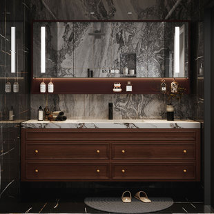 美式轻奢浴室柜橡木实木洗漱台现代岩板智能镜卫浴柜法式洗手脸盆