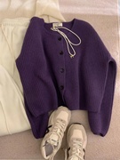 小香风紫色针织开衫女春秋2023年韩版宽松短款设计感毛衣外套
