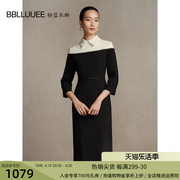 bblluuee粉蓝衣橱经典，拼色针织连衣裙女2023冬装长袖衬衫裙