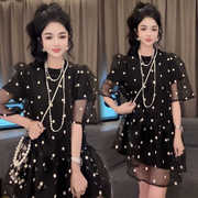 黑色透纱花花泡泡袖网纱蓬蓬连衣裙女夏韩版设计感短袖两件套裙子