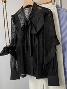 黑色设计感木耳边长袖蕾丝，衫雪纺背心两件套时尚，休闲洋气f∮29