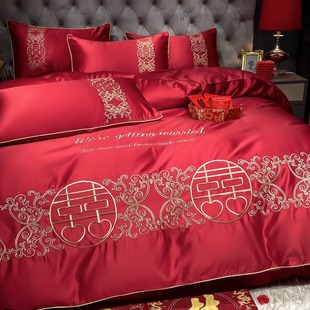 简约纯棉婚庆四件套红色床单被套全棉高档结婚床上用品新婚房喜被