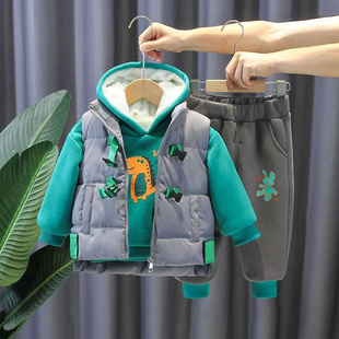 宝宝冬装加绒加厚三件套男童装卫衣套装婴幼儿童冬季马甲洋气衣服