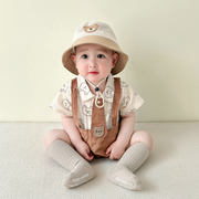 婴儿连体衣夏薄款短袖1岁男宝宝衣服可爱夏装小熊假两件衬衫哈衣