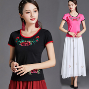 民族风女装短袖t恤女夏季中国风绣花修身显瘦刺绣半袖上衣