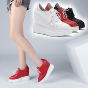 红色内增高12cm女鞋超高跟真皮秋季松糕厚底休闲运动小白系带单鞋
