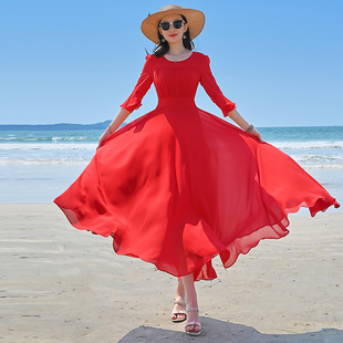 2024连衣裙夏天红色雪纺气质收腰显瘦高端大摆沙滩裙海边度假