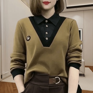 新中式衬衫春季假两件polo领套头长袖上衣洋气，复古打底衫女士