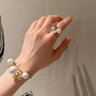 韩国简约金属珍珠戒指女复古多层设计手镯气质百搭开口可调节配饰