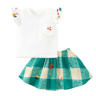 女童绣花短袖t恤白色，上衣休闲半身裙子，套装儿童夏季2件套格子腰裙